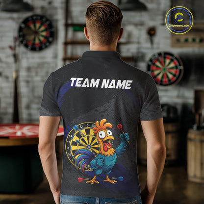 Colorful Rooster Funny Men Darts Polo & 1/4-Zip Shirt Custom Grunge Blue Dart Attire For Darters NYN3004