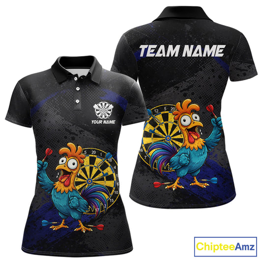 Colorful Rooster Funny Women Darts Polo & 1/4-Zip Shirt Custom Grunge Blue Dart Attire For Darters NYN3004