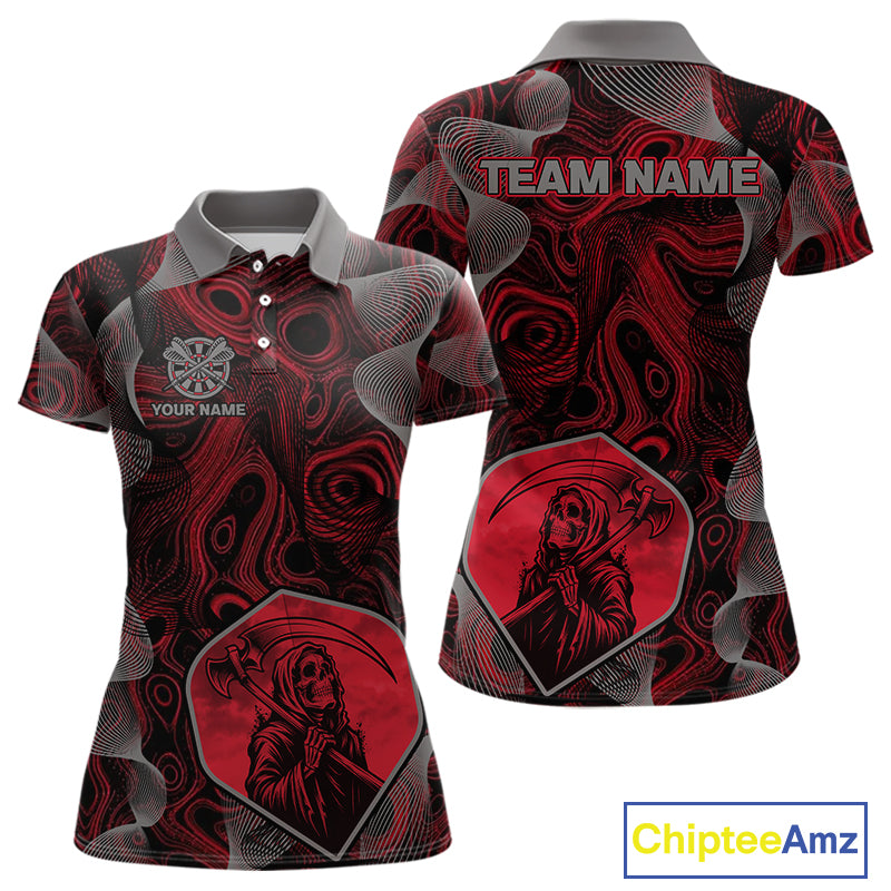 Grim Reaper Darts Flight & Red Swirl Women's Darts Team Shirt Custom Name For Players NYN0460
