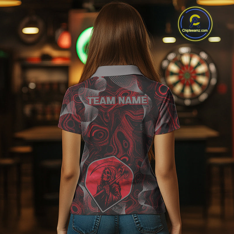 Grim Reaper Darts Flight & Red Swirl Women's Darts Team Shirt Custom Name For Players NYN0460