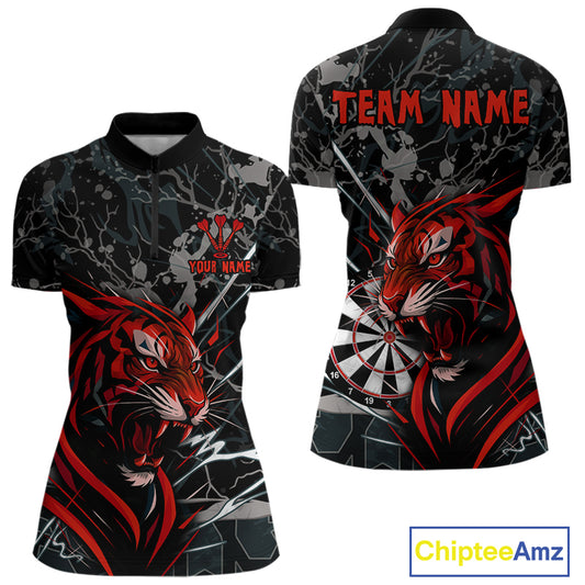 Custom Women's Darts Quarter-zip Shirt Fierce Tiger & Dartboard - Personalized Name & Team NYN0711