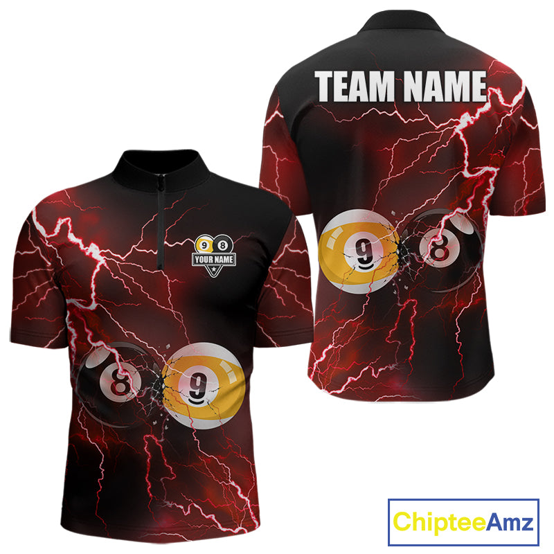 Thunder Lightning Red men's quarter zip pool jersey, personalized billiards tournament shirt, professional cue sport league apparel, competitive team outfit