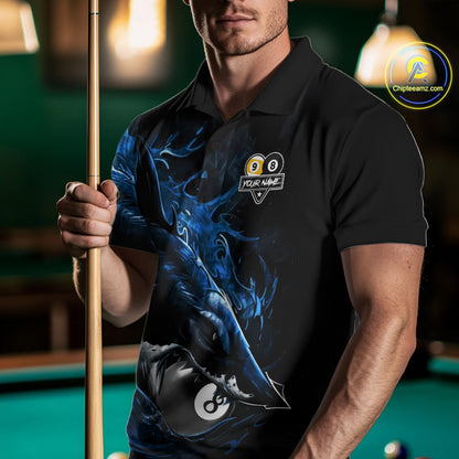 Male model wearing Funny Shark Blue pool polo jersey, custom billiard apparel, 8 Ball 9 Ball cue sports shirt, bar league championship uniform