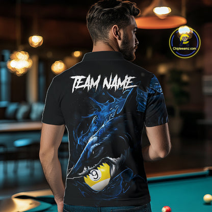 Male model wearing Funny Shark Blue pool polo jersey, custom billiard apparel, 8 Ball 9 Ball cue sports shirt, bar league championship uniform
