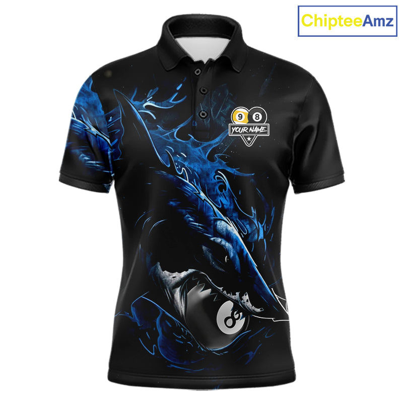 Funny Shark Blue women's pool polo shirt featuring playful shark and 8 Ball 9 Ball artwork, custom billiard team jersey, cue sports apparel, fun tournament uniform