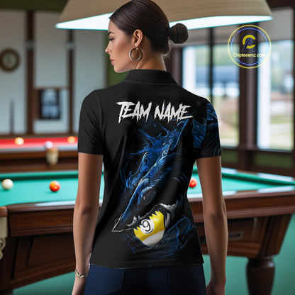 Female model wearing Funny Shark women's billiard polo, custom pool team jersey, cue sports apparel, tournament clothing, fun player gift