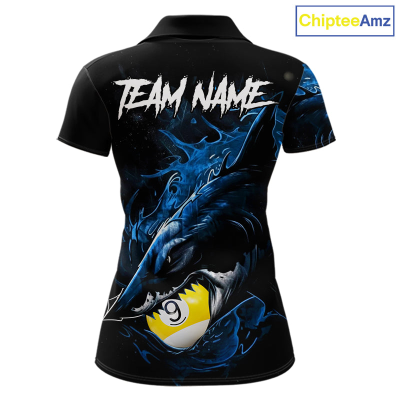 Funny Shark Blue women's pool polo shirt featuring playful shark and 8 Ball 9 Ball artwork, custom billiard team jersey, cue sports apparel, fun tournament uniform