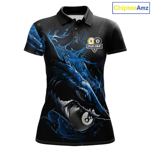 Funny Shark Blue women's pool polo shirt featuring playful shark and 8 Ball 9 Ball artwork, custom billiard team jersey, cue sports apparel, fun tournament uniform