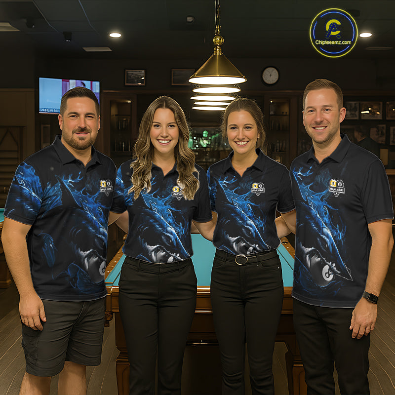 Funny Shark custom billiard team jerseys with 8 Ball 9 Ball artwork, matching pool league uniforms, cue sports apparel, championship tournament shirts