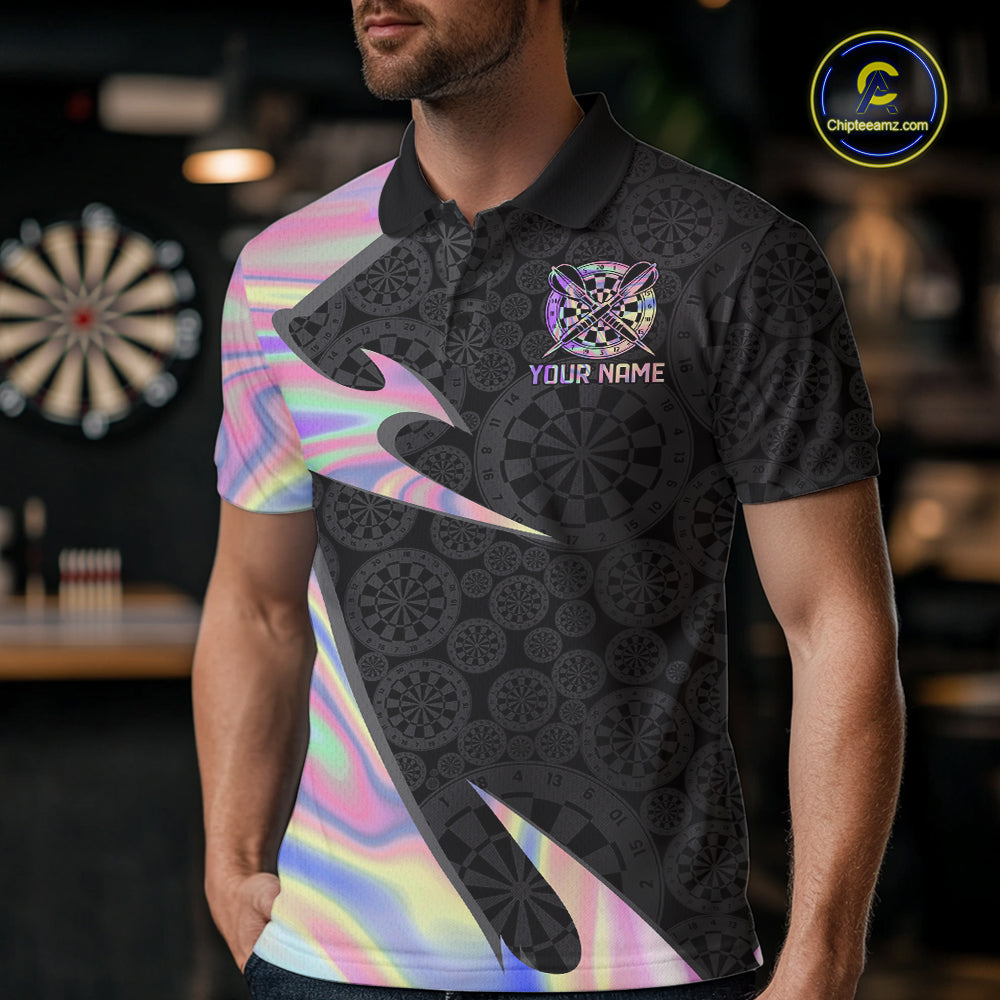 Male model wearing Pink Holographic darts polo, custom tournament jersey, premium darts league apparel, modern iridescent sportswear, personalized team clothing