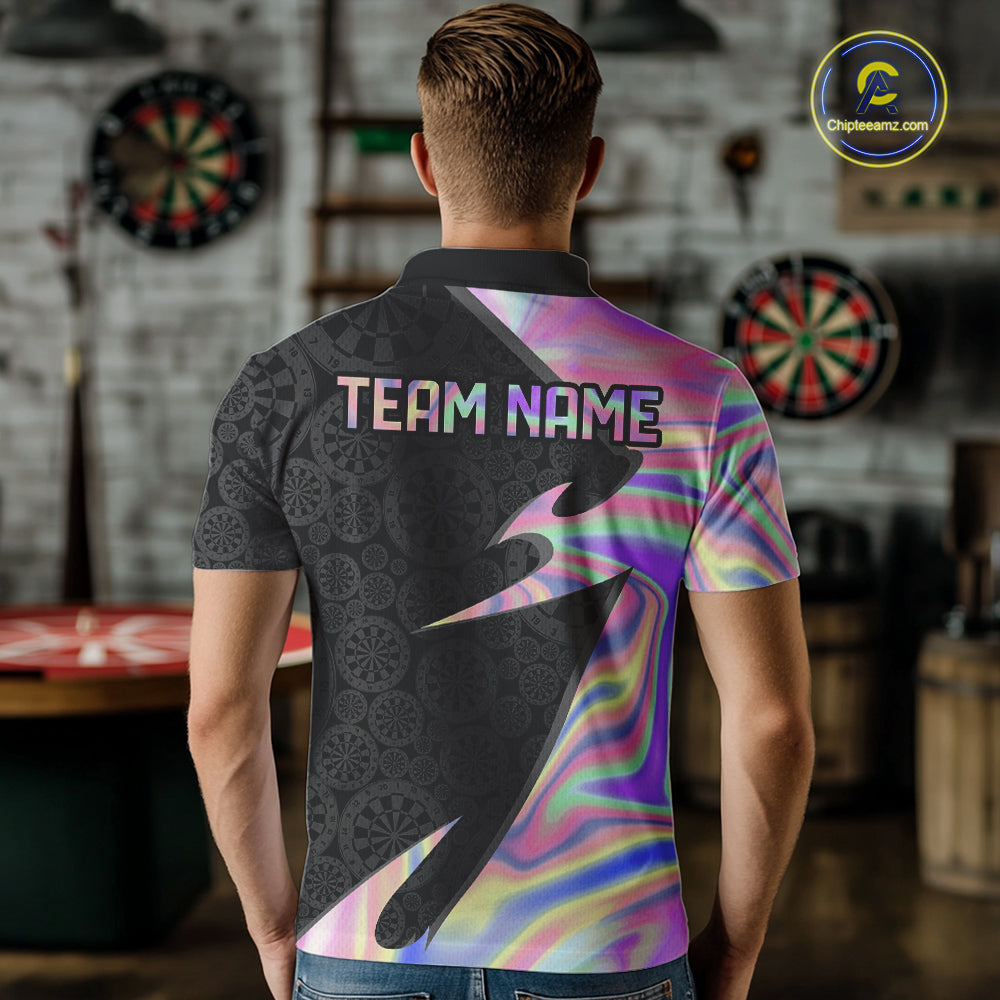 Male model wearing Pink Holographic darts polo, custom tournament jersey, premium darts league apparel, modern iridescent sportswear, personalized team clothing