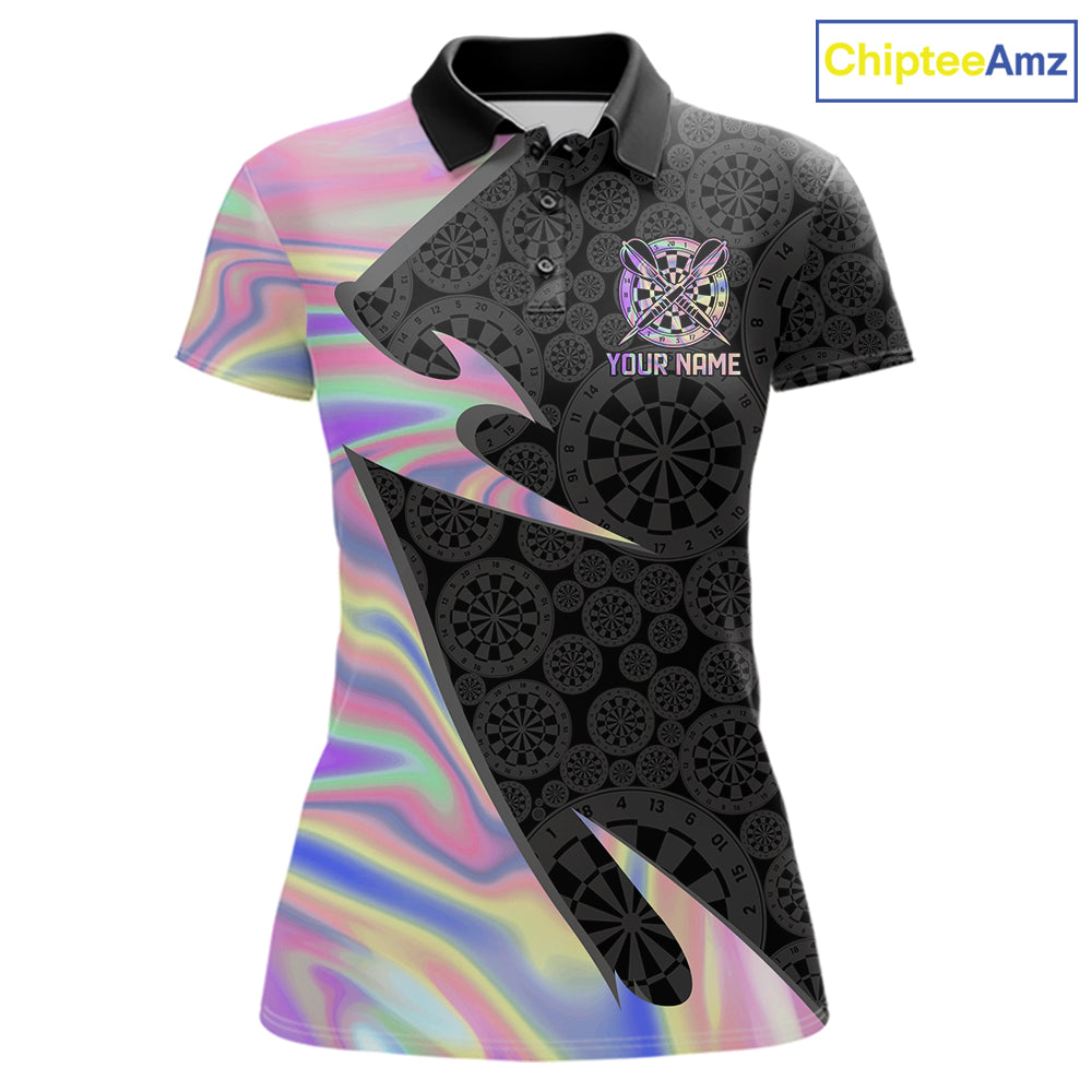 Pink Holographic dartboard women's darts polo on black background, custom darts tournament jersey, personalized league shirt, iridescent performance apparel, steel tip darts clothing, modern athletic team uniform