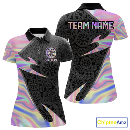 Pink Holographic dartboard women's darts polo on black background, custom darts tournament jersey, personalized league shirt, iridescent performance apparel, steel tip darts clothing, modern athletic team uniform