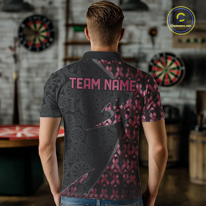 Male model wearing Black & Pink Ribbon Grunge darts polo, personalized charity tournament jersey, awareness darts apparel, vintage athletic clothing, league performance shirt