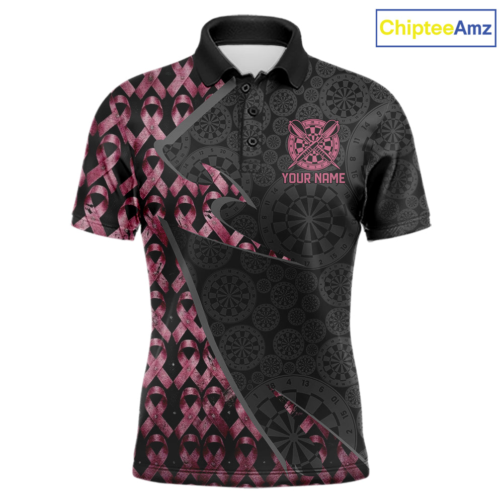 Black & Pink Ribbon Grunge men's darts polo with vintage distressed graphics, personalized darts league jersey, custom tournament apparel, awareness team shirt, premium sportswear