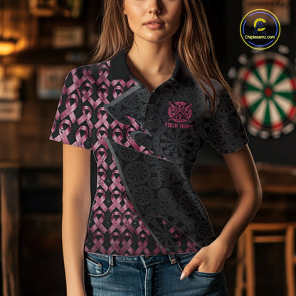 Female model wearing Black & Pink Ribbon Grunge darts polo, custom awareness tournament jersey, personalized league apparel, stylish distressed athletic uniform