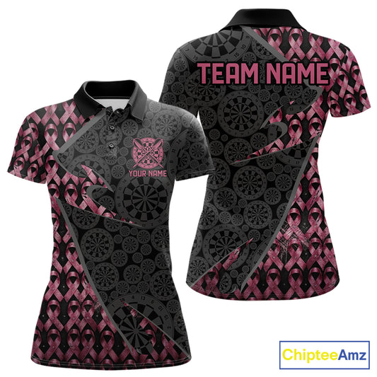 Black & Pink Ribbon Grunge women's darts polo featuring distressed artwork, custom darts tournament jersey, awareness league apparel, personalized team uniform, edgy athletic performance clothing