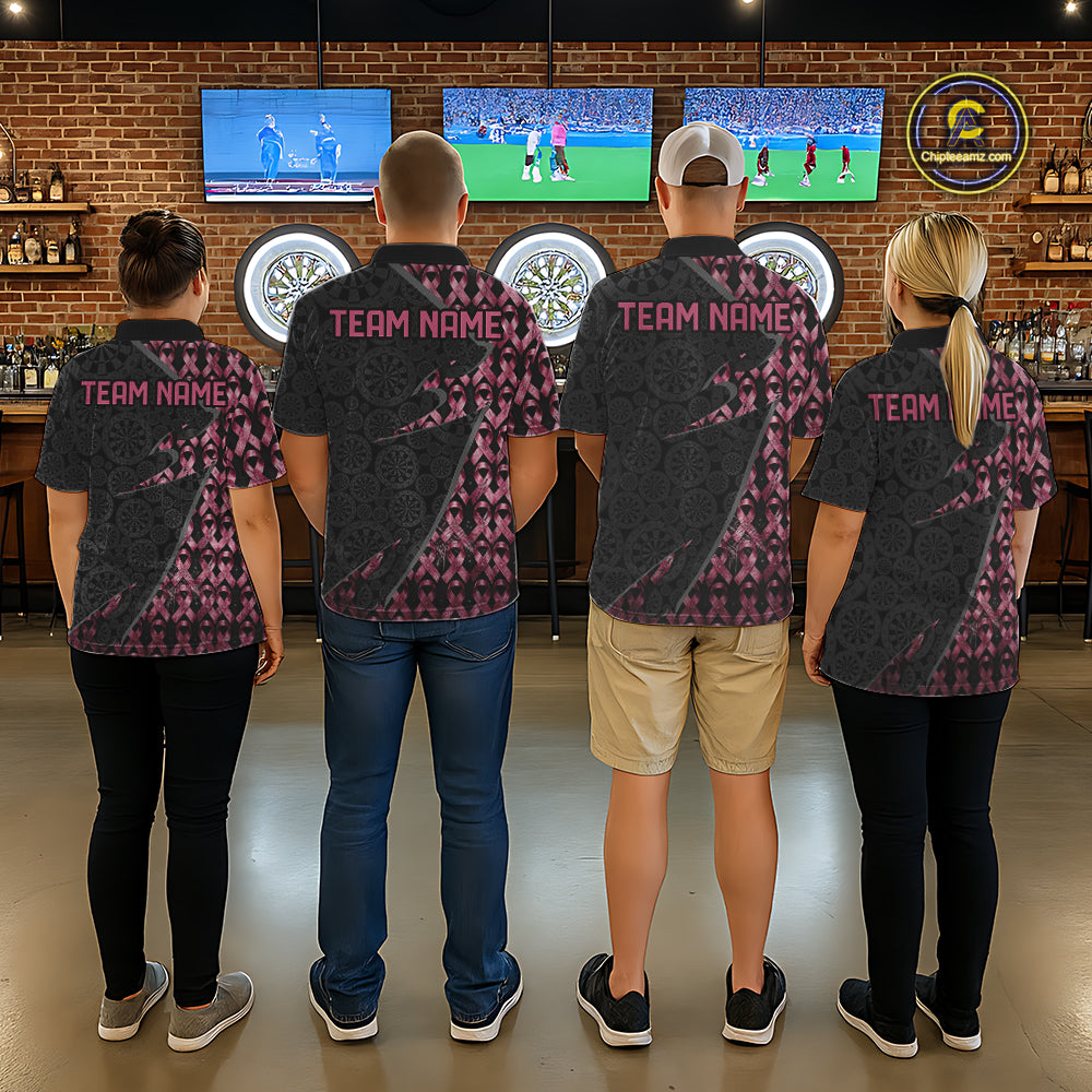 Matching Black & Pink Ribbon Grunge darts team uniforms, awareness tournament jerseys, personalized dart league apparel, custom charity team clothing, championship sports uniforms