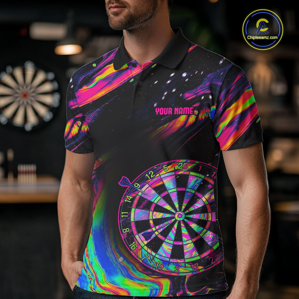 Male model wearing Psychedelic US Flag darts polo, colorful tournament jersey, patriotic athletic apparel, personalized championship sportswear