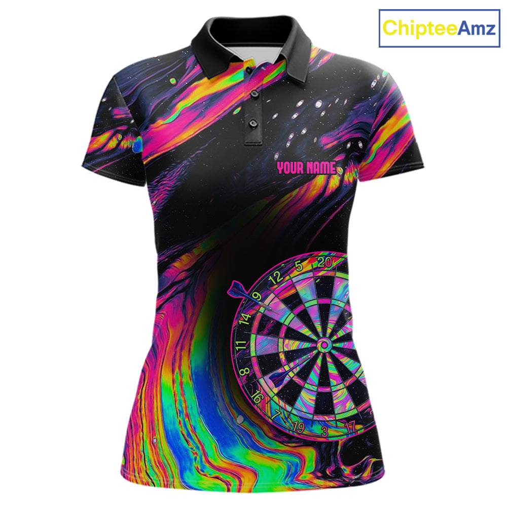 Psychedelic Holographic US Flag women's darts polo featuring colorful dartboard artwork, custom tournament jersey, patriotic league apparel, vibrant performance sportswear