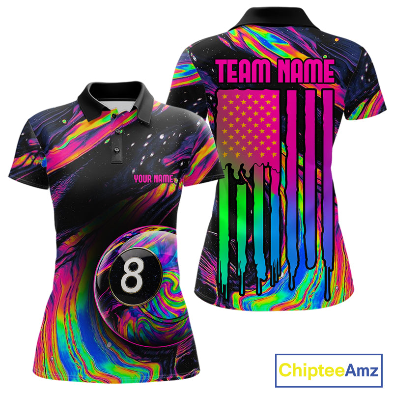 Colorful Holographic women's 8 Ball pool polo shirt, custom billiard tournament jersey, rainbow cue sports apparel, personalized team uniform, championship clothing