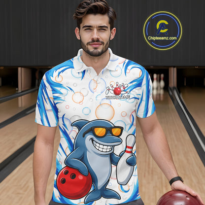 White & Blue Bubbles Funny Dolphin Bowling Polo Quarter-Zip Shirt For Men Custom Bowling Team Shirt NYN3975