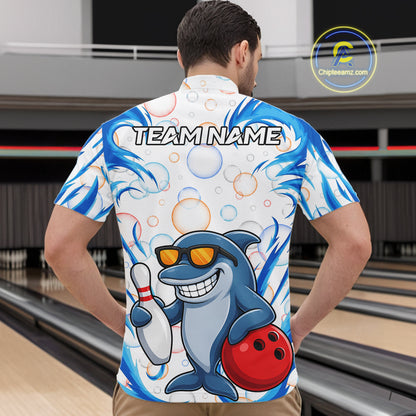 White & Blue Bubbles Funny Dolphin Bowling Polo Quarter-Zip Shirt For Men Custom Bowling Team Shirt NYN3975
