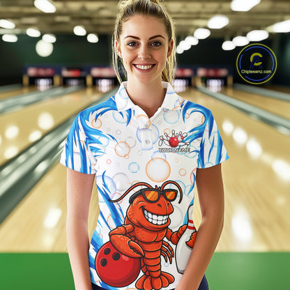 White & Blue Bubbles Funny Lobster Bowling Polo Quarter-Zip Shirt For Women Custom Bowling Team Shirt NYN3976