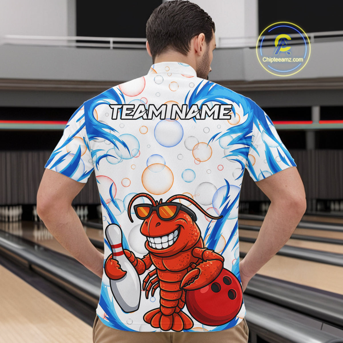 White & Blue Bubbles Funny Lobster Bowling Polo Quarter-Zip Shirt For Men Custom Bowling Team Shirt NYN3976