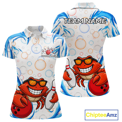 White & Blue Bubbles Funny Crab Bowling Polo Quarter-Zip Shirt For Women Custom Bowling Team Shirt NYN3977