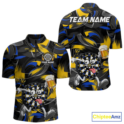 Yellow And Blue Paint Dartboard Funny Beer Darts Team Shirt For Men Custom Darts Polo 1/4-Zip Jersey NYN3988