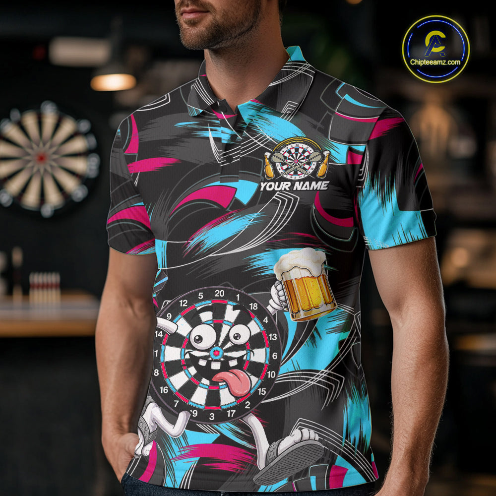 Pink And Teal Paint Dartboard Funny Beer Darts Team Shirt For Men Custom Darts Polo 1/4-Zip Jersey NYN3989