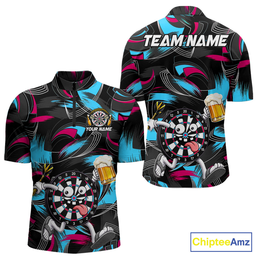 Pink And Teal Paint Dartboard Funny Beer Darts Team Shirt For Men Custom Darts Polo 1/4-Zip Jersey NYN3989
