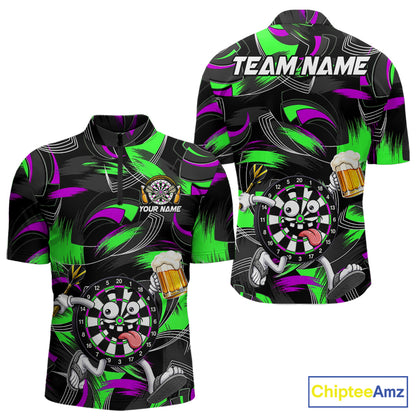 Purple And Green Paint Dartboard Funny Beer Darts Team Shirt For Men Custom Darts Polo 1/4-Zip Jersey NYN3990