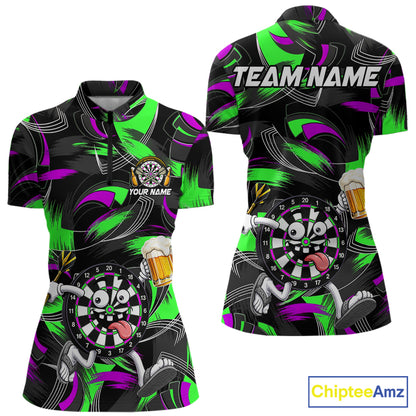 Purple And Green Paint Dartboard Funny Beer Darts Team Shirt For Women Custom Darts Polo 1/4-Zip Jersey NYN3990
