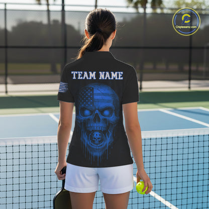 Custom Blue Grunge Skull Pickleball Ball League Jerseys For Women US Flag Pickleball Shirts NYN2152