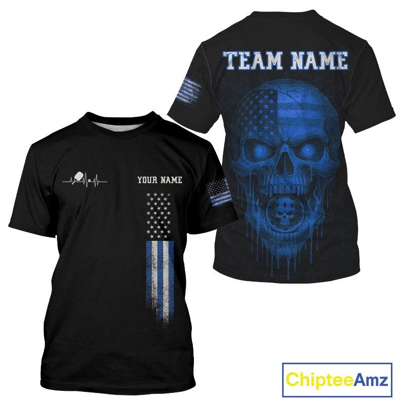 Custom Blue Grunge Skull Pickleball Ball League Jerseys For Men US Flag Pickleball Shirts NYN2152