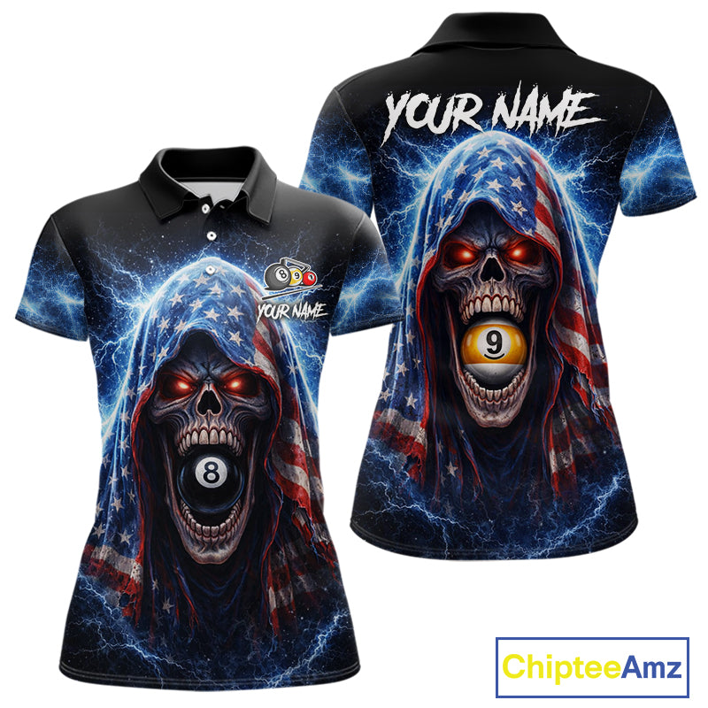 US Flag Thunder Grim Reaper 8 Ball 9 Ball Pool Women Billiard Shirt Custom Patriotic Billiard Apparel NYN2636