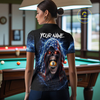 US Flag Thunder Grim Reaper 8 Ball 9 Ball Pool Women Billiard Shirt Custom Patriotic Billiard Apparel NYN2636