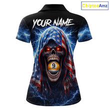 Load image into Gallery viewer, US Flag Thunder Grim Reaper 8 Ball 9 Ball Pool Women Billiard Shirt Custom Patriotic Billiard Apparel NYN2636