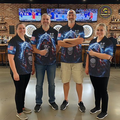 American Flag Thunder Grim Reaper Dartboard Men Darts Polo Shirt Custom Patriotic Dart League Shirt NYN2641