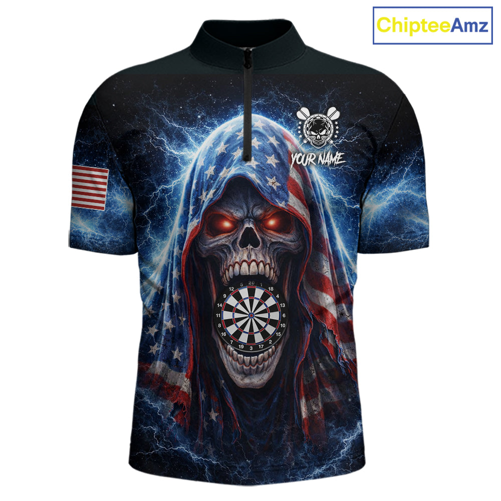 American Flag Thunder Grim Reaper Dartboard Men Darts 1/4-Zip Shirt Custom Patriotic Dart League Shirt NYN2641