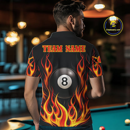 Personalized 8 Ball Fire Flame Pool Billiard Polo & 1/4 Zip For Men Custom Flame Billiard Team Attire NYN3013