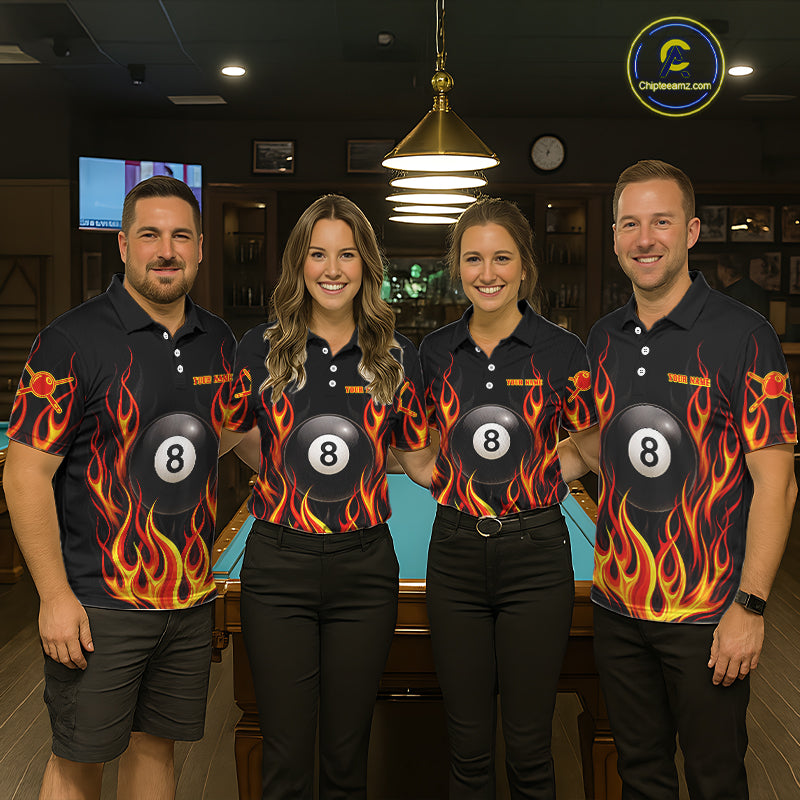 Personalized 8 Ball Fire Flame Pool Billiard Polo & 1/4 Zip For Women Custom Flame Billiard Team Attire NYN3013
