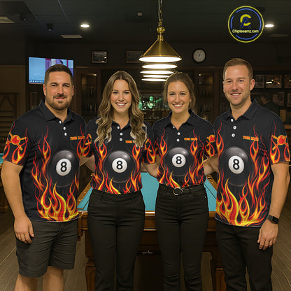 Personalized 8 Ball Fire Flame Pool Billiard Polo & 1/4 Zip For Women Custom Flame Billiard Team Attire NYN3013