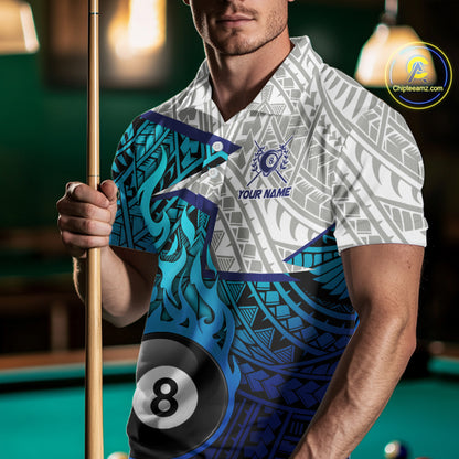 Billiards Pool Player White Blue Tribal Polo Quater-Zip Shirts For Men, Custom Billiard Team Jerseys NYN3015