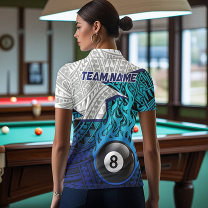 Billiards Pool Player White Blue Tribal Polo Quater-Zip Shirts For Women, Custom Billiard Team Jerseys NYN3015