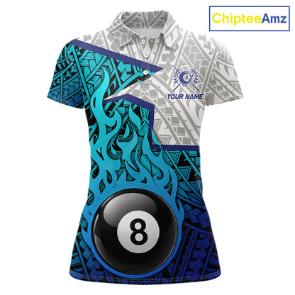 Billiards Pool Player White Blue Tribal Polo Quater-Zip Shirts For Women, Custom Billiard Team Jerseys NYN3015
