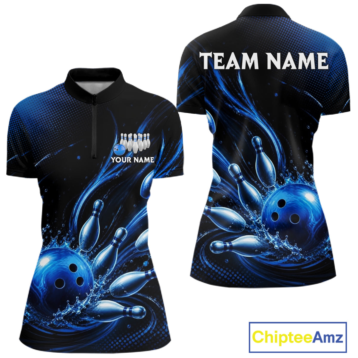 Blue Watering Bowling Ball & Pins Jerseys For Women Custom Splatter Bowling Shirt Team Attire NYN3181