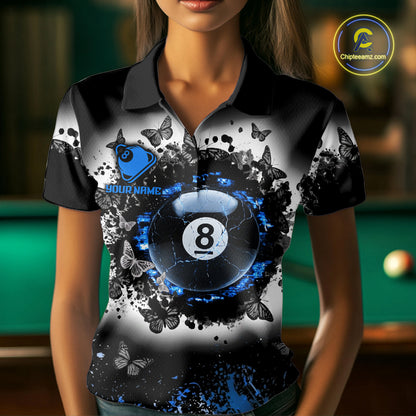 Black, White & Blue Billiard 8 Ball Pool Shirt For Women Custom Butterfly Grunge Team Billiard Jersey NYN3440
